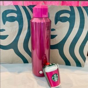 Starbucks NEW Hot Pink Jeweled Water Bottle and Pink Ornament Tumbler Bundle